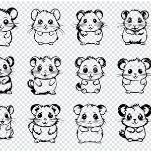 Könnte beinhalten: Ein Set mit 12 Schwarzweiß-Zeichnungen von niedlichen Cartoon-Hamstern in verschiedenen Posen. Die Hamster sind alle nach vorne gerichtet und haben große Augen und kleine Münder. Sie stehen alle auf ihren Hinterbeinen und haben ihre Vorderpfoten in die Luft erhoben. Die Zeichnungen eignen sich perfekt für die Verwendung in Bastelarbeiten, Scrapbooking oder digitalen Projekten.