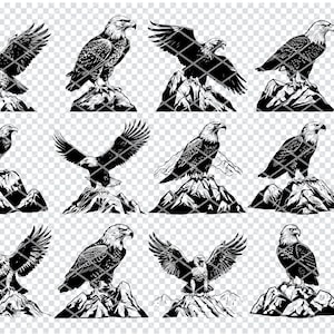 May include: A set of twelve black and white illustrations of bald eagles perched on mountain peaks. The eagles are depicted in various poses, including with wings spread and in flight.