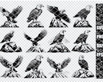 BALD EAGLE On BOULDERS Svg, Eagle Clipart, Evergreen Pines Svg Files For Cricut, Camping Svg Cut File, Outdoors Svg