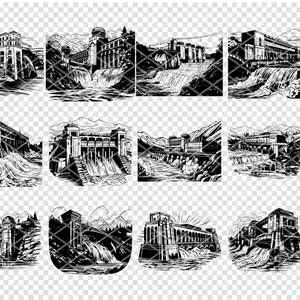 Puede incluir: Un conjunto de 10 ilustraciones en blanco y negro de presas y cascadas. Las ilustraciones son de estilo vintage y presentan dibujos detallados de las presas y las cascadas.