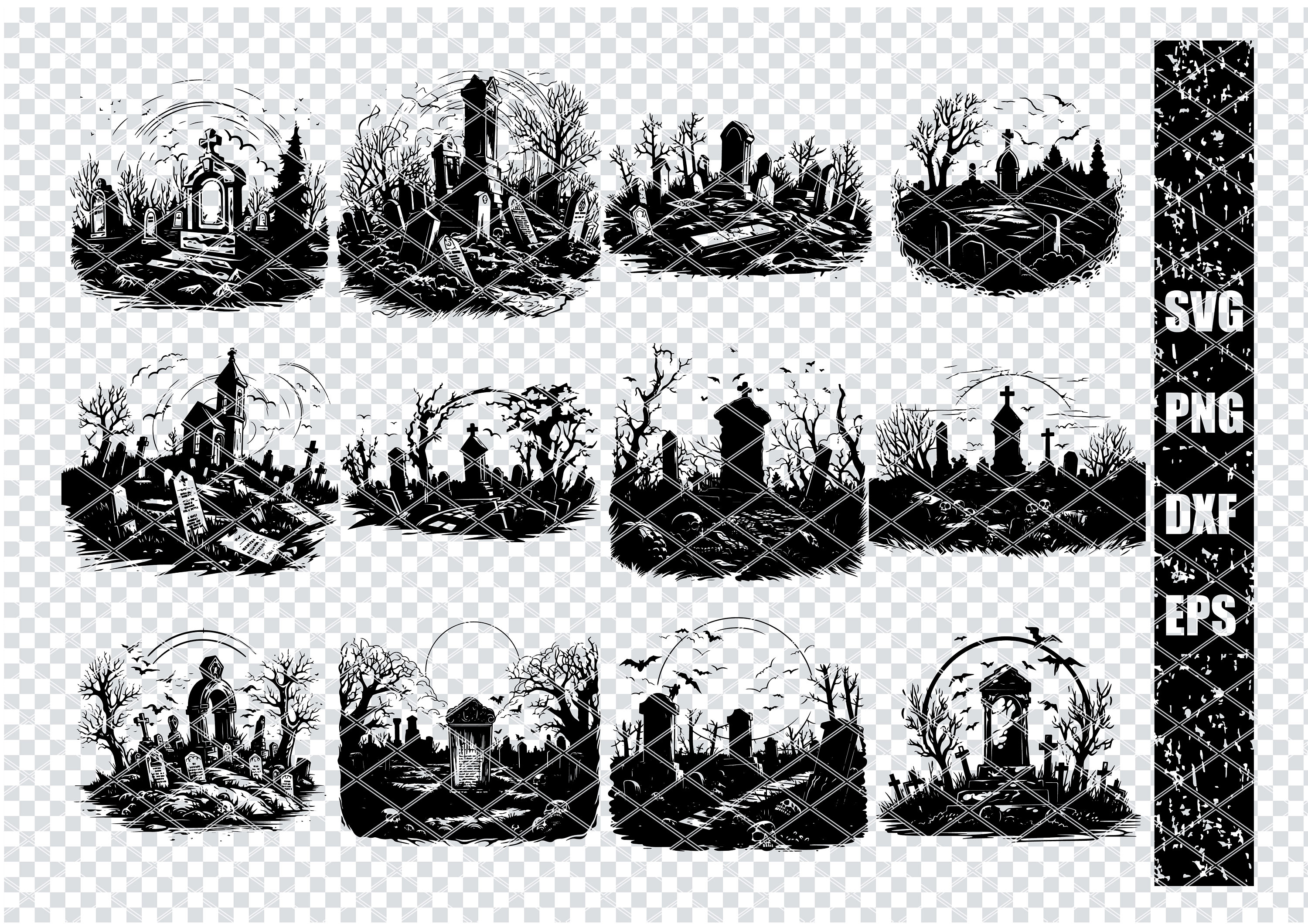 GRAVEYARD TOMBSTONES SVG, Cemetery Headstones Svg Files For Cricut, Creepy Burial Tombstones Clipart, Laser Cut Files