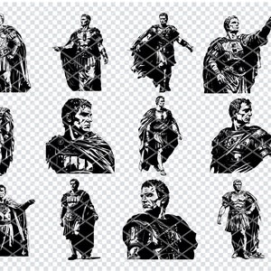 Puede incluir: Ilustraciones en blanco y negro de emperadores romanos en varias poses. Las figuras visten togas y armaduras. El lado derecho de la imagen contiene el texto "SVG, PNG, DXF, EPS".
