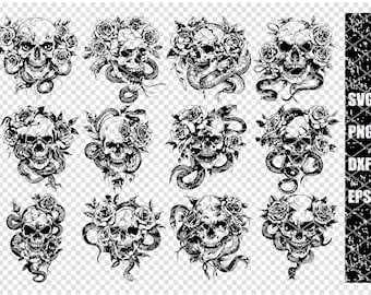 Skull with Roses Art Print, Black and White Art Decor, Snake Design Wall Art, Gothic Tattoo Style Digital Download