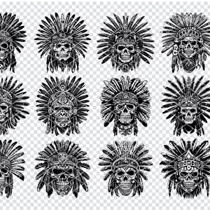 May include: Twelve black and white illustrations of Native American headdresses with skulls. The headdresses are detailed and intricate, with feathers and beads. The skulls are stylised and have a tribal look.