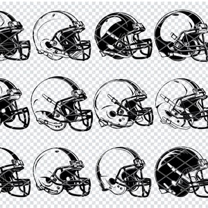 Puede incluir: Un conjunto de diez ilustraciones de cascos de fútbol americano en blanco y negro. Los cascos se muestran de perfil con la visera hacia abajo. Las ilustraciones son adecuadas para su uso en proyectos digitales o impresos.