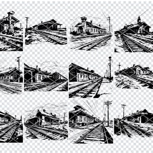 WILD WEST RAILWAY Svg, Archivos svg de la antigua estación de tren para Cricut, Imágenes prediseñadas de la estación de tren del desierto, Archivos cortados por láser