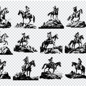 Peut inclure: Ensemble de douze images en silhouette noire et blanche d'une personne à cheval sur une colline rocheuse. Les images sont dans une variété de poses et d'angles.