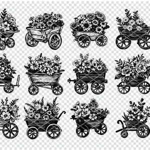 Blumenwagen Clipart, digitaler Download Blumenwagen, schwarzweiße botanische Illustration, Vintage Blumenvektor, druckbare Kunst