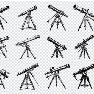 May include: A set of ten black and white illustrations of vintage telescopes on tripods. The telescopes are drawn in a detailed, realistic style.