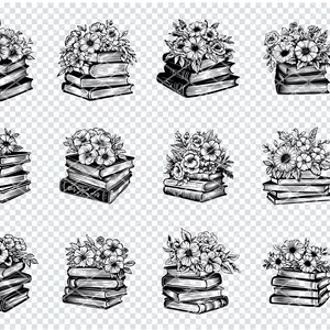 May include: A set of 12 black and white illustrations of stacks of books with floral arrangements on top. The illustrations are in a vintage style and would be perfect for use in scrapbooking, card making, or other paper crafts.