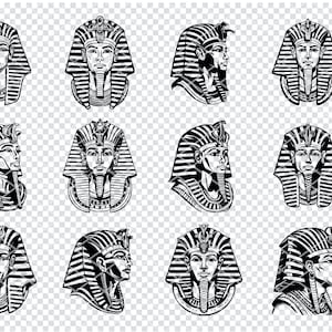 May include: Black and white illustrations of the Egyptian pharaoh Tutankhamun, in various poses. The images include front-facing and profile views, with the pharaoh wearing the traditional nemes headdress and collar. The image also includes the file types: SVG, PNG, DXF, and EPS.