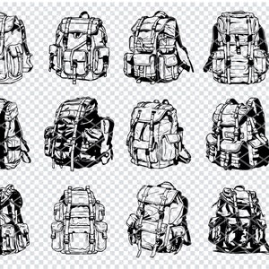 May include: A set of 12 black and white illustrations of different styles of backpacks. The backpacks have multiple pockets and straps. The illustrations are on a transparent background.