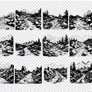 Puede incluir: Doce ilustraciones en blanco y negro de un sendero de montaña rocoso con un arroyo que lo atraviesa. Las ilustraciones son de estilo vintage y presentan árboles, montañas y rocas.