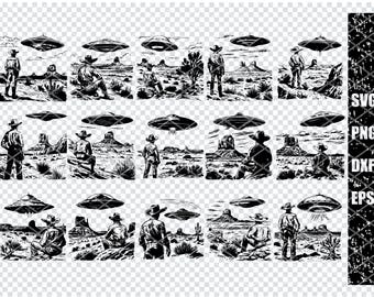UFO and Cowboy Digital Print, Sci-Fi Western Art, Alien and Cowboy Poster, Surreal Wall Art, Science Fiction Printable Décor