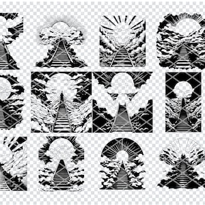 Könnte beinhalten: Ein Satz von 12 Schwarzweißillustrationen einer Treppe, die zu einem hellen Licht in den Wolken führt. Die Illustrationen sind in verschiedenen Stilen gehalten, darunter eine Sonne, ein Mond und ein Stern.