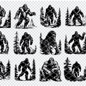 Op de afbeelding: Een set van 12 zwart-witte silhouet-illustraties van Bigfoot in verschillende poses, staand, lopend en zittend, omringd door bomen. De illustraties zijn perfect voor knutselprojecten, scrapbooking en digitaal ontwerp.
