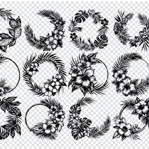 Impression numérique de couronne de fleurs tropicales, art botanique noir et blanc, décoration murale inspirée de la nature, téléchargement immédiat, oeuvre d'art imprimable