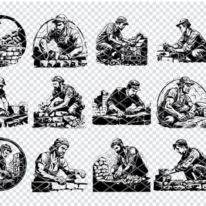 Puede incluir: Ilustraciones en blanco y negro de un albañil trabajando, construyendo muros de ladrillo. Las imágenes muestran al albañil en varias poses, usando herramientas y colocando ladrillos. El estilo recuerda a los dibujos vintage, adecuado para diseños de temática de construcción.