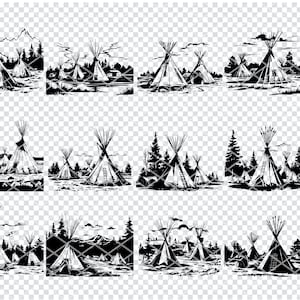 May include: A set of 12 black and white illustrations of teepees in a forest setting. The teepees are drawn in a vintage style with detailed lines and shading. The illustrations are perfect for crafting projects, scrapbooking, or digital design.