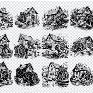 WATERWHEEL MILL SVG, Archivos svg de hidroelectricidad de rueda hidráulica para Cricut, Rustic Creek Mill Clipart, Archivos cortados por láser