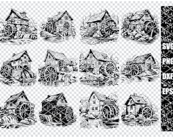 WATERWHEEL MILL SVG, Waterwheel Hydropower Svg Files For Cricut, Rustic Creek Mill Clipart, Laser Cut Files