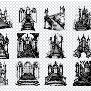 May include: A set of 12 black and white illustrations of gothic staircases. The staircases are drawn in a detailed and intricate style, with arches, columns, and other architectural elements. The illustrations are perfect for use in a variety of projects, such as scrapbooking, card making, and digital design.