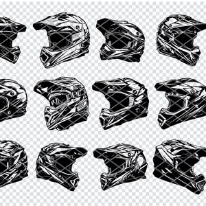 May include: A set of 12 black and white motocross helmet illustrations. The helmets are shown from different angles, with the visor up and down.