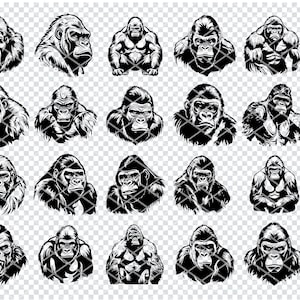 Könnte beinhalten: Ein Set mit 16 Schwarzweiß-Illustrationen von Gorillaköpfen. Die Gorillas sind in verschiedenen Posen dargestellt, darunter geradeaus blickend, zur Seite blickend und brüllend. Die Illustrationen eignen sich perfekt für Bastelprojekte, Scrapbooking oder digitales Design.