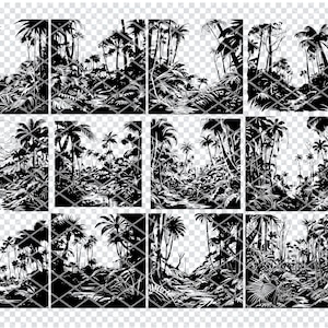May include: A set of 12 black and white silhouette images of tropical jungle scenes. Each image features palm trees, lush foliage, and a winding path. The images are ideal for crafting projects, scrapbooking, or digital design.