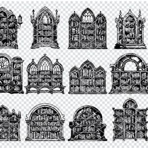 May include: A set of ten black and white illustrations of ornate bookcases with arched tops. The bookcases are filled with books and have intricate details.