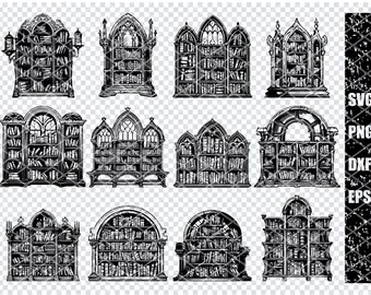 Antique Bookshelf Svg, Gothic Bookshelf Library Svg Files For Cricut, Vintage Bookshelf Clipart, Laser Cut Files