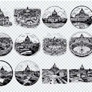 May include: A set of 10 black and white illustrations of St. Peter's Basilica in Rome, Italy. The illustrations are in a circular format and feature different views of the basilica, including the dome, the facade, and the interior.