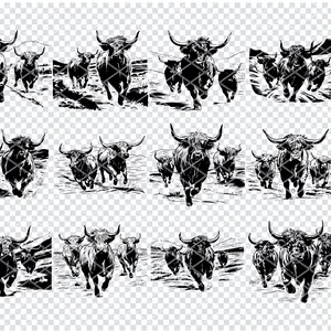 May include: Black and white illustrations of Highland cattle running. The image features multiple variations of the same scene, with the cattle in various groupings. The style is a detailed, graphic design, suitable for digital art or print.