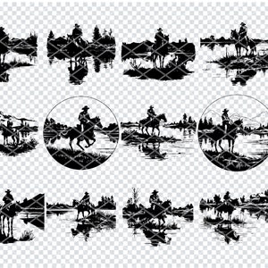 Fichiers Svg de cowboy à cheval par LAC, cowboy solitaire par rivière pour Cricut, Western Cowboy des cliparts, fichiers découpés au Laser