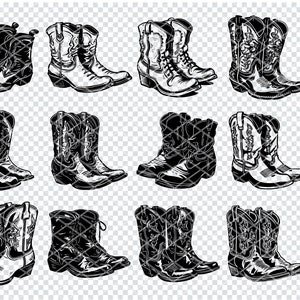 以下が含まれることがあります： カウボーイブーツの白黒イラスト12点セット。ブーツはヴィンテージスタイルで描かれており、複雑なディテールが特徴です。