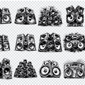 May include: A set of nine black and white illustrations of different styles of speakers. The speakers are drawn in a vintage style and have a grunge aesthetic.