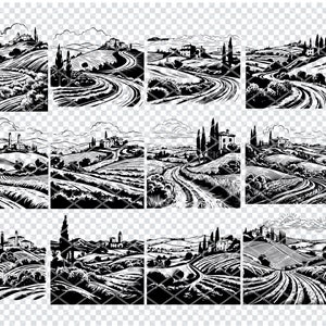 Pode incluir: Ilustrações a preto e branco de paisagens toscanas, com colinas, estradas sinuosas, quintas e ciprestes. A coleção apresenta diversas vistas da paisagem italiana, ideal para arte digital ou projetos de impressão.