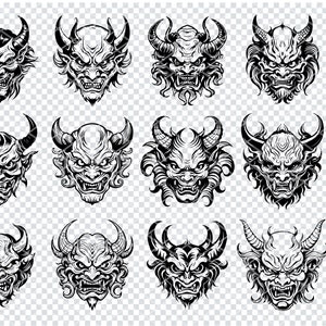 May include: Twelve black and white illustrations of demon heads with horns and fangs. The demon heads are in various poses and expressions.