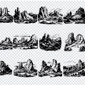 May include: A collection of black and white mountain landscape illustrations in various shapes. The designs feature detailed depictions of rock formations, valleys, and skies. Includes file type options: SVG, PNG, DXF, and EPS.