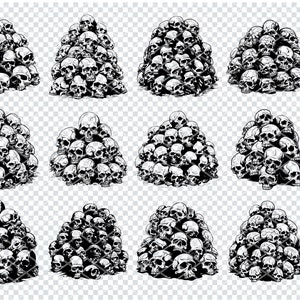 Puede incluir: Un montón de 12 ilustraciones de cráneos en blanco y negro, cada montón es una disposición diferente de cráneos. Los cráneos están en un montón, como si fueran un montón de huesos.