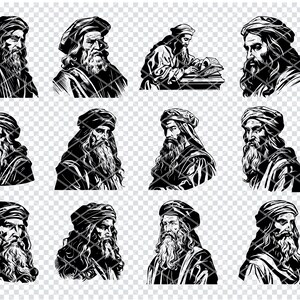May include: A set of 12 black and white illustrations of a man with a beard and long hair. The man is depicted in different poses, including thinking, writing, and looking to the side. The illustrations are in a vintage style.