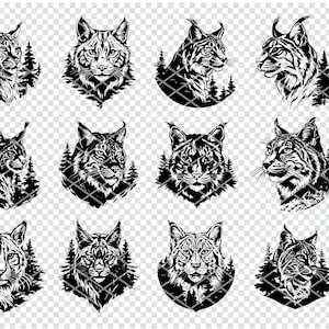 Può includere: Un set di 12 illustrazioni digitali in bianco e nero di una lince in un ambiente boschivo. La lince è raffigurata in varie pose, tra cui guardare di lato, guardare dritto e guardare in alto. Le illustrazioni sono perfette per l'uso in progetti di artigianato, scrapbooking o design digitale.