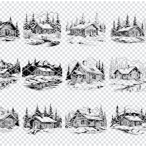 RUSTIC LOG CABIN Svg,  Winter Log Cabin Svg Files For Cricut, Snowy Cottage Clipart, Laser Cut Files