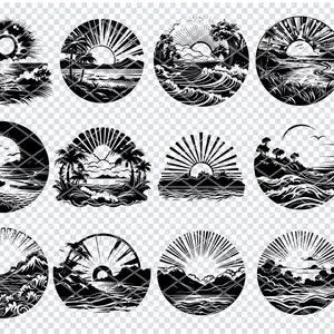 Puede incluir: Un conjunto de 12 ilustraciones en blanco y negro de escenas oceánicas con palmeras, amaneceres y olas. Las ilustraciones están en formato circular y son perfectas para usar en proyectos de manualidades, scrapbooking o diseño digital.