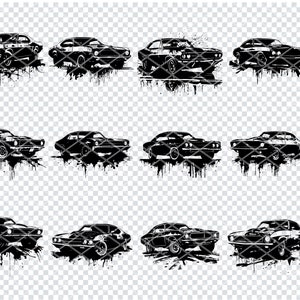 May include: A set of ten black and white vector illustrations of classic muscle cars with a grunge or paint splatter effect. The cars are facing forward and are in various poses.