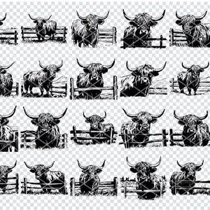 Peut inclure: Téléchargement numérique de 10 illustrations en noir et blanc de bovins écossais Highland debout derrière une clôture en bois. Les illustrations sont parfaites pour les projets d'artisanat, le scrapbooking et plus encore.