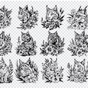 Digitale bloemenkunst wilde lynx, op de natuur geïnspireerde dierenillustratie, instant download afdrukbare muurkunst, boho-bosdecor