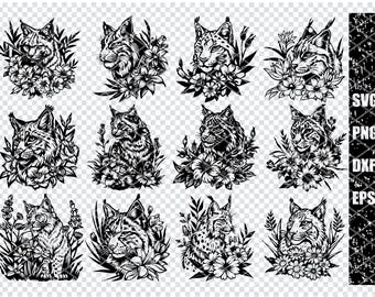 Wild Lynx Floral Digital Art, Inspirowana naturą ilustracja zwierząt, Natychmiastowe pobieranie wydrukowanej sztuki ściennej, Boho Woodland Décor