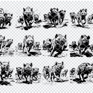 Puede incluir: Ilustración en blanco y negro de una manada de hienas corriendo. Las hienas están dibujadas en un estilo estilizado, casi de dibujos animados, con rasgos exagerados. La imagen está sobre un fondo blanco.