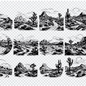 MOJAVE DESERT LANDSCAPE Svg, Pliki Svg regionu Mojave Arid dla Cricut, Clipart Mojave Joshua Trees, Pliki do cięcia laserowego